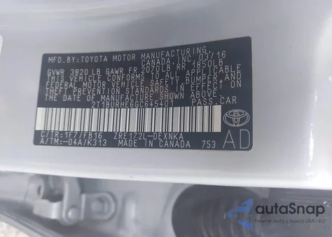 2016 Toyota Corolla Le z USA, uszkodzony, nr VIN 2T1BURHE6GC645401